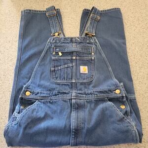 Carhartt Mens Loose Fit Denim Bib Overalls Zippered Fly Pocket OR4672-M✨️34x28